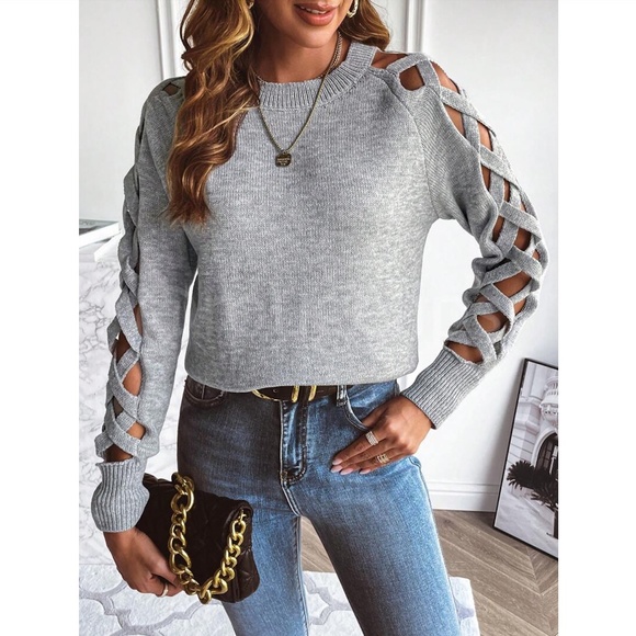 Gray Knit Criss Cross Straps Cut Out Sleeve Sweater Pullover - Picture 4 of 11